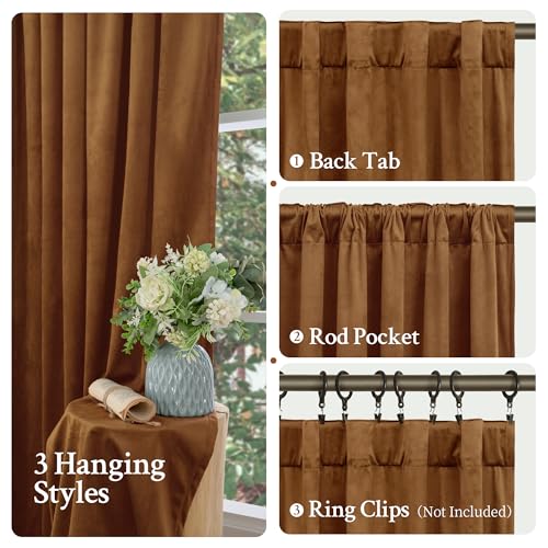 LAMIT 90 Inches Velvet Panels for Living Room, Bronze Brown Thermal Blackout Curtains Room Darkening Back Tab and Rod Pocket Panels for Mid Century Decor Bedroom, 2 Panels, 52 x 90 Inch