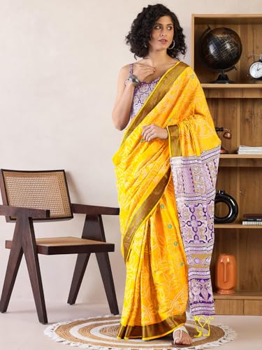 Image of SAREE MALL Women's Cotton Bandhani Printed Ready To Wear one Minute Saree With Unstitched Blouse