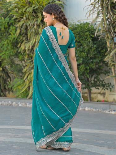 Image of Satrani Women's Shimmer Chiffon Scalloped Border Sequins Embroidery Saree with Unstitched Blouse Piece