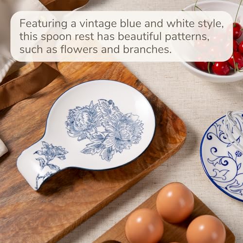 Magclay Porcelain Spoon Rest, 5.5" Ceramic Spoon Holder for Stove Top and Kitchen Counter, Blue and White Utensil Rest with Flowers and Branches, Vintage Kitchen Decorative by Magclay - Image 7