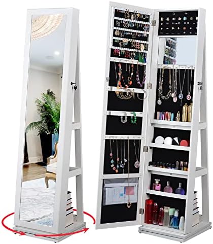 BOSTANA Jewelry Armoire 65" H,Full Length Mirror 360° Swivel, Storage Shelves, Lockable Standing Jewelry Cabinet Organizer with Large Storage Capacity,living room,bedroom(White)