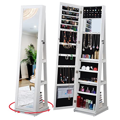 Bostana Jewelry Armoire 65" H,Full Length Mirror 360° Swivel, Storage Shelves, Lockable Standing Jewelry Cabinet Organizer With Large Storage Capacity,Living Room,Bedroom(White) #TOP2