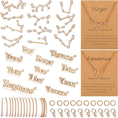 96 Piece Zodiac Charm Set Include 24 Zodiac Letter Word Pendant 24 Rhinestone Constellation Charm with 48 Zodiac Necklace Display Card 16.4 Feet Jewelry Chain 20 Lobster Clasps 200 Jump Ring (Golden)