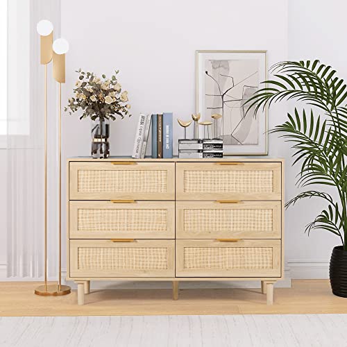 Fuqarhy 6 Drawer Dresser Rattan Dresser Modern Chest With Drawers,Wood Storage Closet Dressers Chest Of Drawers For Kids Bedroom,Living Room,Hallway (Natural) #TOP5