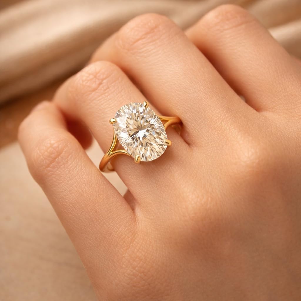 14K Yellow Gold Oval Cut Moissanite Engagement Ring for Women Solitaire 4 Prong Split Shank Bridal Ring Minimalist Promise Proposal Ring Anniversary Jewelry Gift for Her