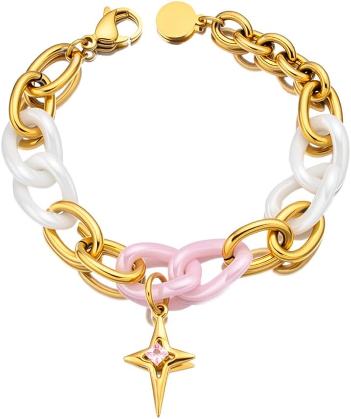 Fashion Link Bracelet, 7.5 Inch Stainless Steel Chain, Gold Polished Finish, Casual Style for Teens