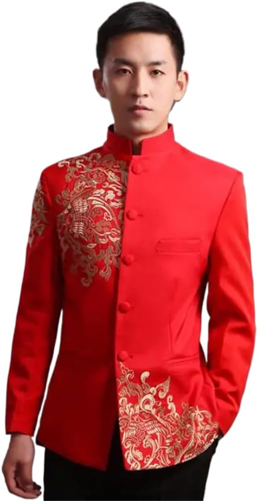 LIXINGHEITANG Traditional Chinese Jacket Clothing Wedding Men Red Coat Embroidery Zhongshan Blazer