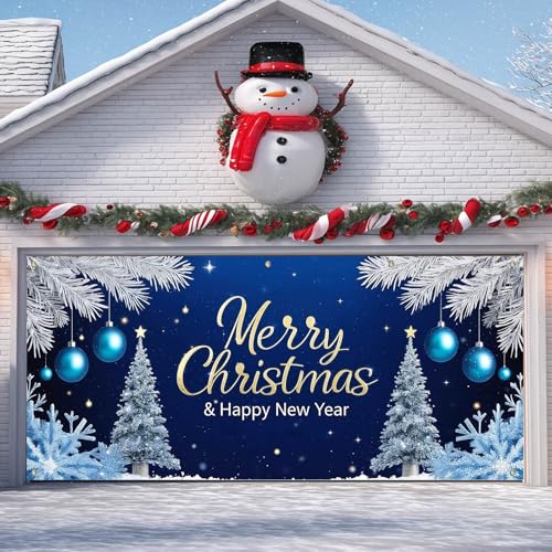 IVN Christmas Garage Door Cover Decoration 13x6ft Snowy Night Trees with Ornaments Blue Holiday Christmas Garage Door Banner Home Door Front Yard Decor for Xmas Eve Holiday Outdoor by IVN - Image 4