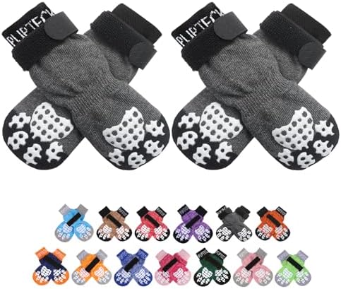PUPTECK Anti-Slip Dog Socks with Double Sides Grips for Small Medium Large Dogs Hardwood Floors Prevents Licking, Dog Shoes for Hot Pavement Traction Control Paw Protector for Senior Dogs, Grey L