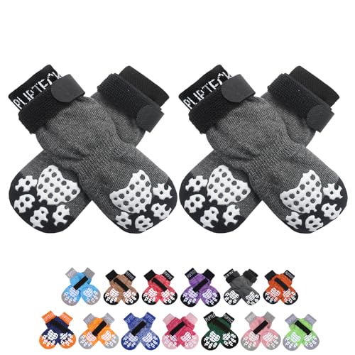 PUPTECK Anti-Slip Dog Socks with Double Sides Grips for Small Medium Large Dogs Hardwood Floors Prevents Licking, Dog Shoes for Hot Pavement Traction Control Paw Protector for Senior Dogs, Grey L