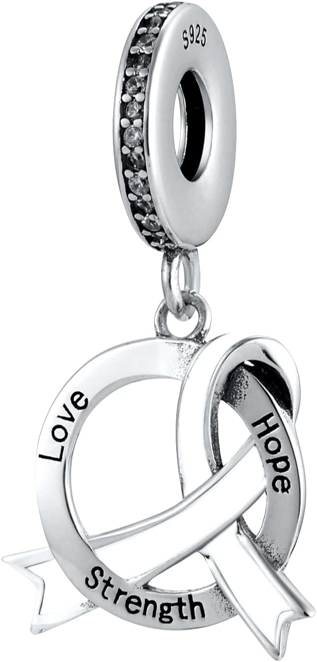 Cancer Ribbon Love Hope Strength 925 Sterling Silver Charms Beads Pendants for Pandora Bracelets & Necklaces Etc