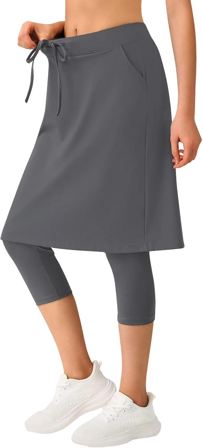 ANIVIVO Skirted Leggings for Women with Pockets,Athletic 22" Knee Length Skirt with Capri Leggings
