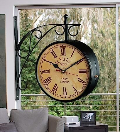 Dynamic Store Saree House 10 Inch Metal Analog Vintage Railway Station Antique Style Double Sided Wall Clock (Black)