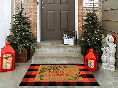 Fall Plaid Rug 28" x 43", Orange and Black Buffalo Check Front Porch Outdoor Layered Doormat, Cotton Hand-Woven Washable Rug for Halloween Thanksgiving Autumn Decor