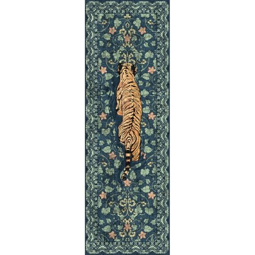 TUKDAK - Tapis de couloir Tigre pour le hall 80×300 cm, vert lavable, tapis de cuisine avec dos en...