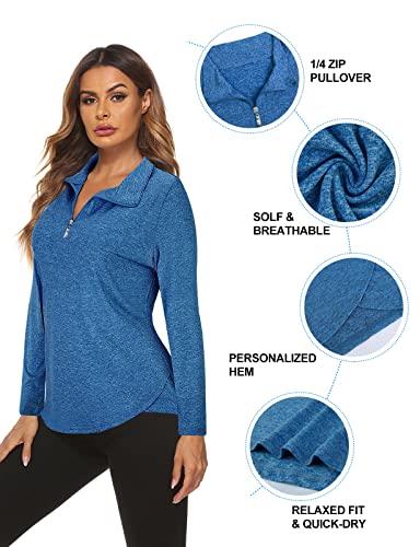 Koscacy Women's Bowling Shirt, V-Neck Sports Zipper Top For Tennis, Golf, Running - Dark Blue Medium #TOP4