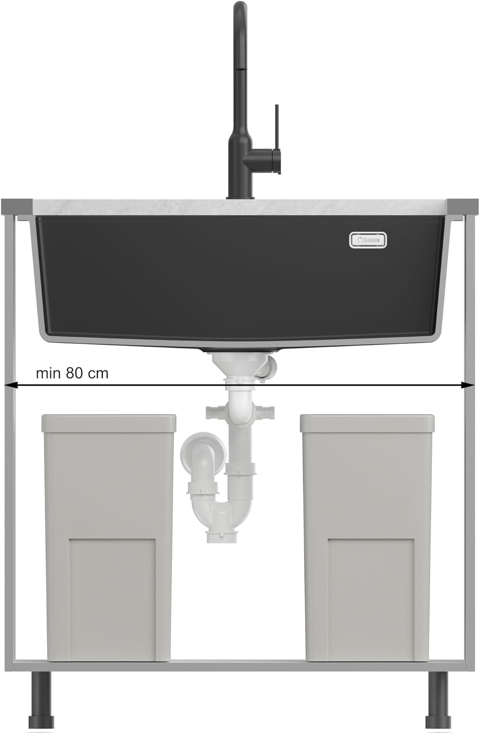 QUADRON Fregadero de un seno Fregadero de granito cocina | tamaño 70 x 37 x 23,5 cm Color: Topo suave y acero | Fregadero LOGAN 110 | Fregadero bajo encimera Base de armario a partir de 80 cm