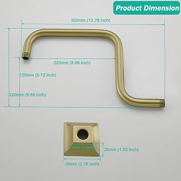 13 Gooseneck (S-Shape) Shower Arm Gold Shower Head Extension with Unique Flange, Standard 1/2 Connection