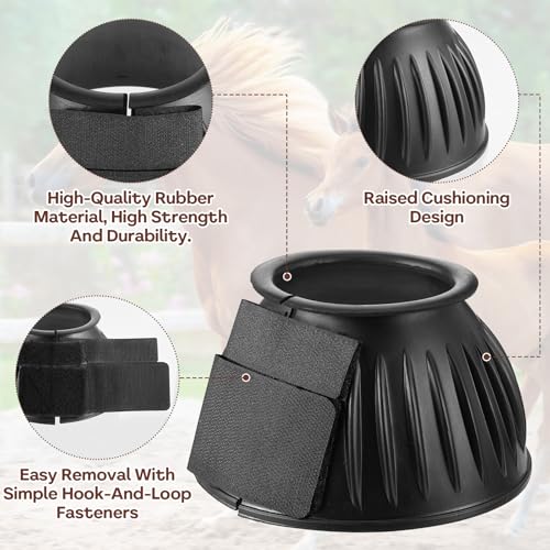 Image of JIEYAO 1 Pair Black Horse Bell Boots Protect, Double Lock Horse Care Boots, Rubber Horse Boot No-Rub Bell Boots for Horses Quick Wrap Hook & Loop for Shield Turnout Against Hoof Impact Trauma