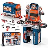 65 Pcs Kids Tool Set, 2-in-1 Kids Tool Box & Bench, Toddler Tool Set with Electric Drill and Power Miter Saw, Workbench for Boys Age 3 4 5 6 7 8 Year Old