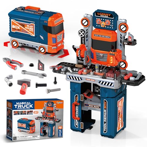 65 Pcs Kids Tool Set 2-in-1 Kids Tool Box & Bench Toddler Tool Set with Electric Drill and Power Miter Saw Workbench for Boys Age 3 4 5 6 7 8 Year Old