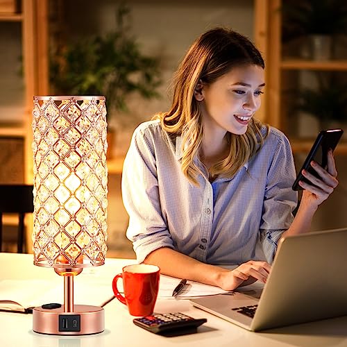 Image of Hong-in Rose Gold Lamp Set of 2, 3-Way Crystal Table Lamp Touch Control with USB-C+A & AC Ports, Dimmable Nightstand Desk Light, Pink Bedside Table Lamp for Bedroom(Bulb Included & Set of 2)