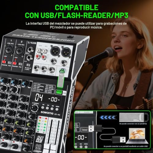 Miniatura 4 de Sowoitig Consola Mezcladora De Audio De 4 Canales Con 99 Efectos Dsp, Mezclador Digital Para Dj, Mezclador Profesional Con Usb, Bluetooth, Alimentación Fantasma De 48 V
