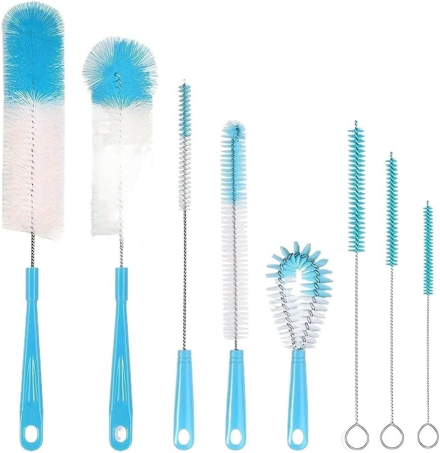 8 Boxed Wine Bottle Cleaning Brush Set, for Narrow Wine/Thermos/jugs/Beer Bottles/sp, Long Handled Black Cleaner(Blue)