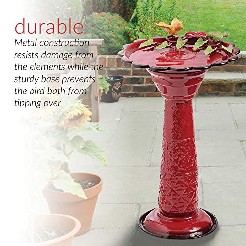 Alpine Corporation 28" Tall Outdoor Metal Birdbath With Birds And Leaves Yard Statue Decoration, Red #TOP6