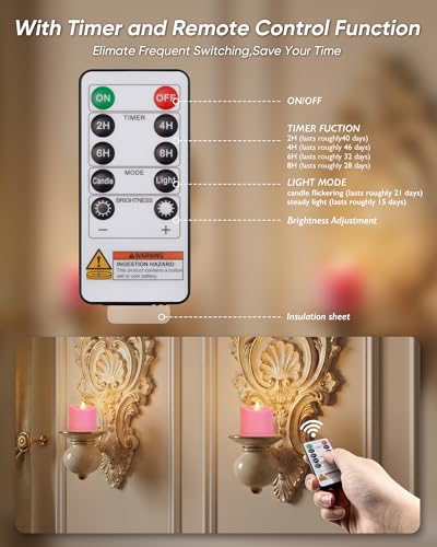 Image of Homemory 12Pack Pink 400+Hour Remote Control Flameless Candles, 2 /4 /6 /8H Timer Led Votive Candles, Battery Operated Tea Lights for Wedding Table Centerpiece, Holidays, Halloween Pumpkins, Christmas