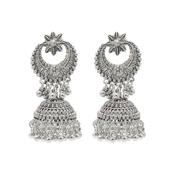 Shining Jewel Traditional Indian Antique Silver Oxidised CZ, Crystal Studded Chandbali Jhumka Earring For Women - Silver (SJE_178_S)
