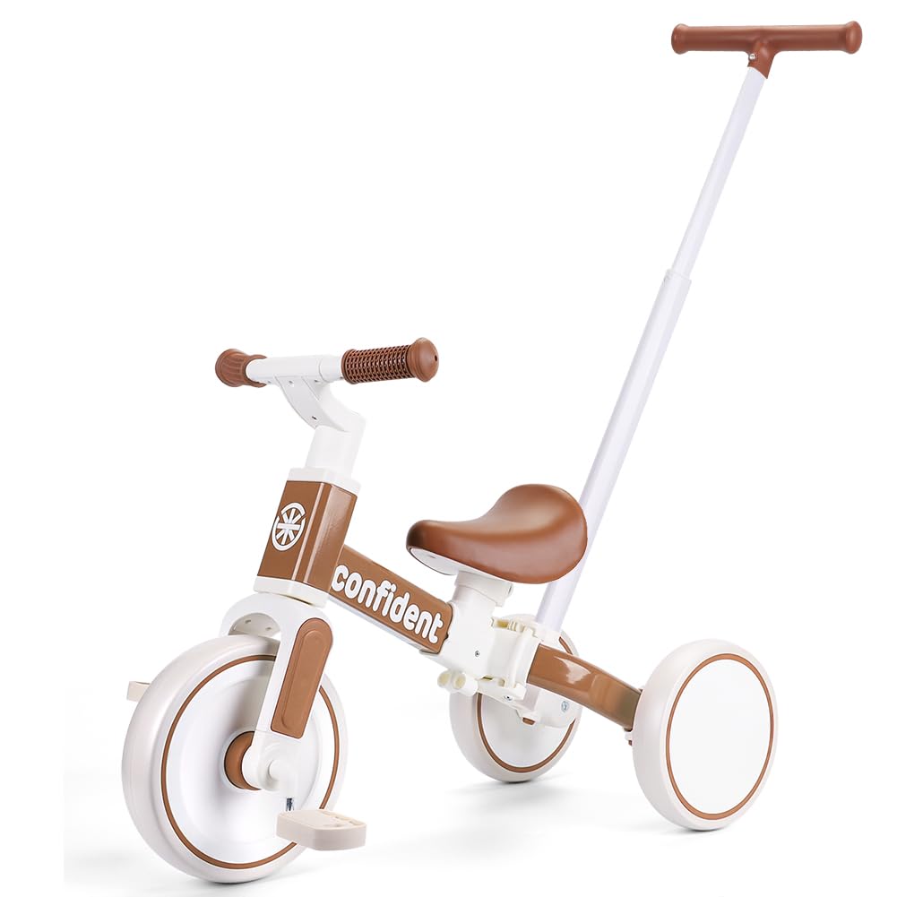 XIAPIA Tricycles for 1-3 Year Olds, 5 in 1 Toddler Balance Bike with Removable Pedal, Push Trike Toys with Adjustable Pushrod for 2 3 4 5 Year Old Boys & Girls, Birthday Gifts for Kids (Brown)
