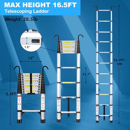 Wolec 16.5 ft Aluminum Telescoping Ladder, 330 lb Load, Hooks, Portable Collapsible Ladder for Home & Work,Silver by Wolec - Image 4