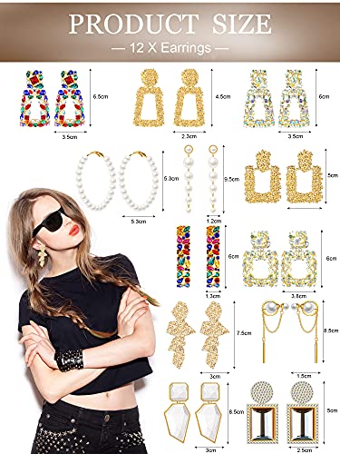 Hicarer 12 Pairs Rhinestone Crystal Rectangle Earrings Glass Square Geometric Earrings Long Bohemian Faux Pearls Earrings Geometric Statement Earrings Hoop Dangle Earrings For Women Girls Daily Party #TOP6