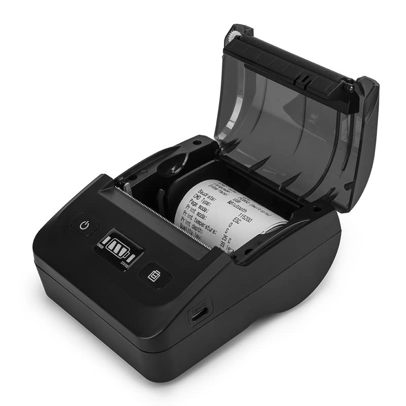 Niyama BT-801 printer with its paper compartment open and a thermal paper roll inserted