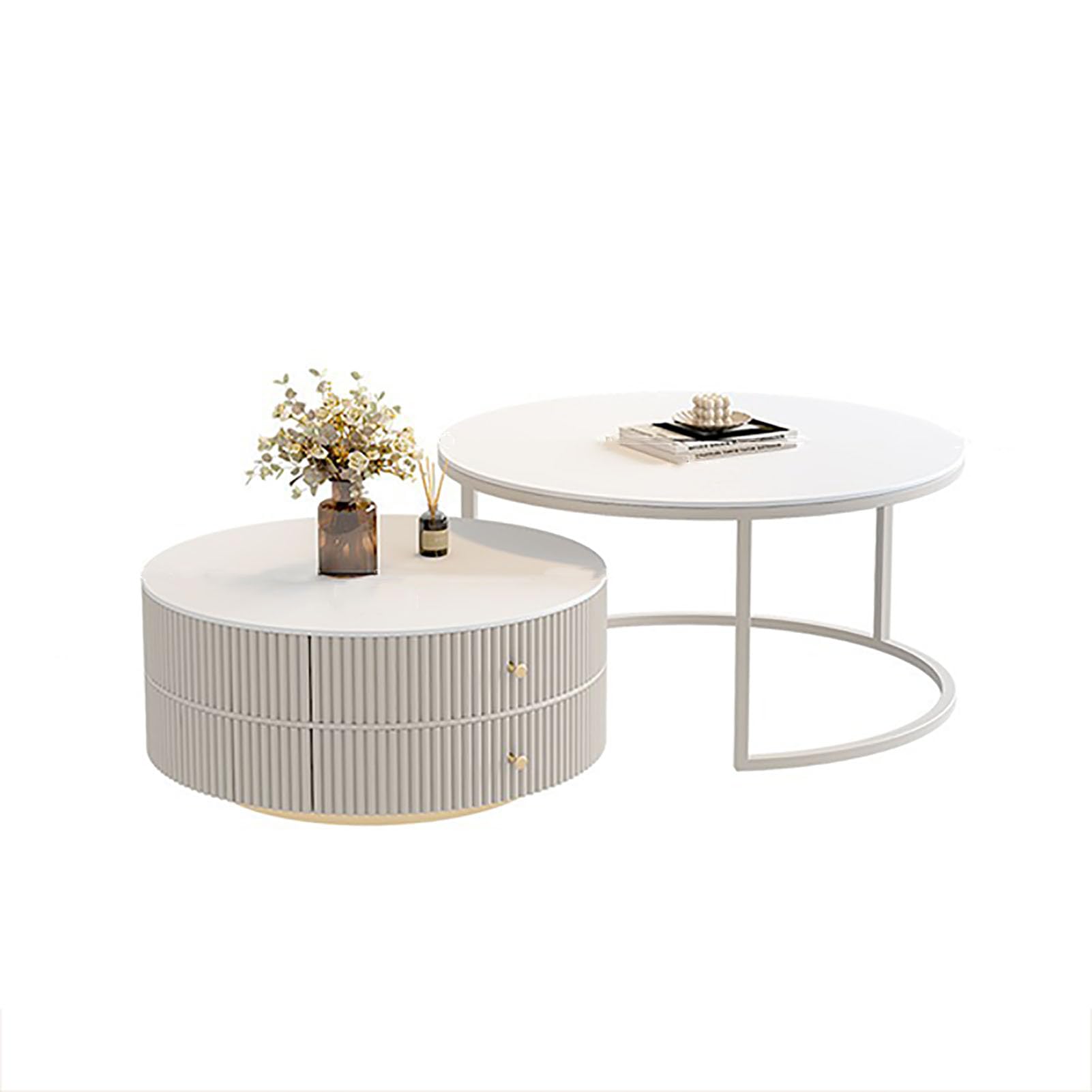 SXZenSpace Round Marble Slate Coffee Table Set of 2, Stackable Pull Out Design Modern Nesting Center with Steel Frame for Living Room,A,70cm(28")+50cm(20")