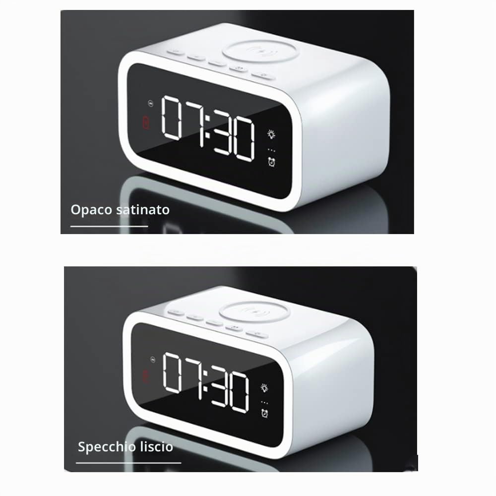Radiosveglia con USB e Caricabatterie Wireless per Auto Home Office, Sveglia a Ricarica Rapida 15W con Funzione Luce Notturna, Bianco Scuro