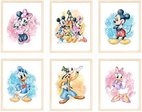 Nistio® Mickey Mouse and Friends Watercolor Prints, Mickey Mouse Wall Art Decor, Minnie Mouse Wall Prints, Set of 7, Donald Duck, Goofy, Pluto, Daisy Duck, 8x10 inches (Unframed)