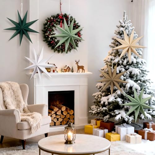 Image of SUNBEAUTY Sage Green 9-Pointed 12 Inch Paper Star Lanterns Christmas Hanging Lamp Paper Decorations Shade Wedding Birthday Christmas Home Party Decorations