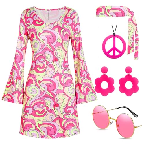 60s 70s Disco Outfit Hippie Costume Women, 1970 Style Clothes Dress Peace Sign Accessories Jewelry Halloween