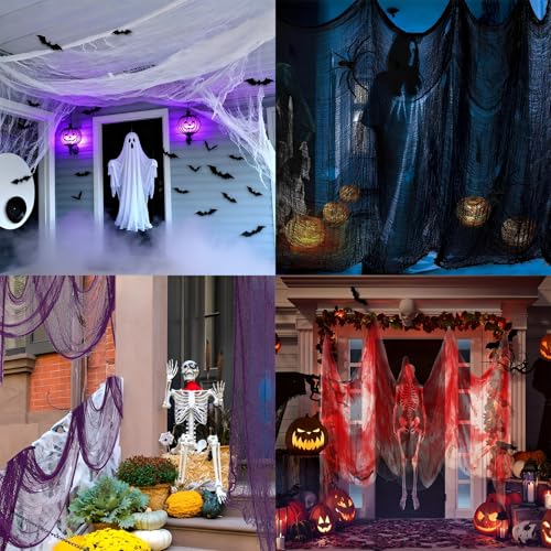 4 Stück Halloween Gruseliges Tuch Dekorationen 183cm X 76cm, Halloween Deko Outdoor und Innen, HalloweenGruseliges Gaze Tuch, Für Eingangsbereich, Haustür, Fenster (Blutarot Weiß lila schwarz)