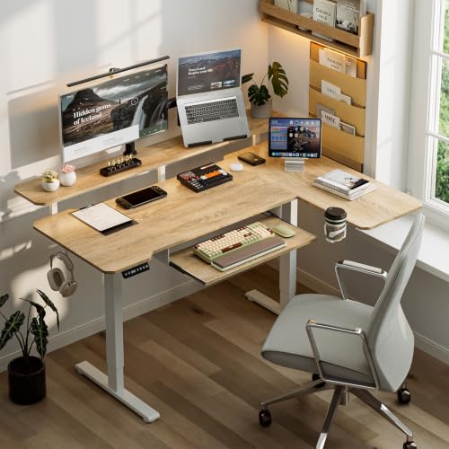 Image of Acrolix 59 inch L Shaped Standing Desk with Shelves Keyboard Tray,Oak
