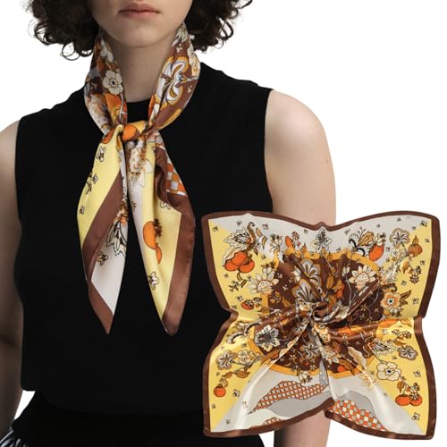 EXTREE Silk Feeling Scarf Medium Square Satin Head Scarf Sleeping Hair Wrapping for Women 27.5 × 27.5 inches Yellow Flowers