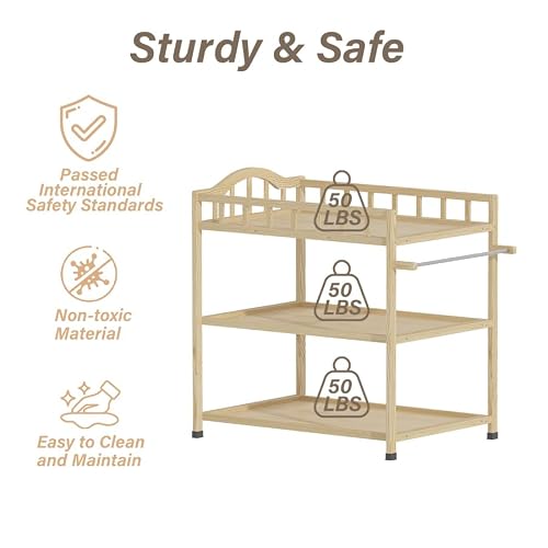 Timechee Paintless Pine Wood Baby Changing Table with Storage Shelves, Portable Nursery Diaper Changing Station for Infants, Children\'s Room, Bedroom, Natural - Thumbnail 5