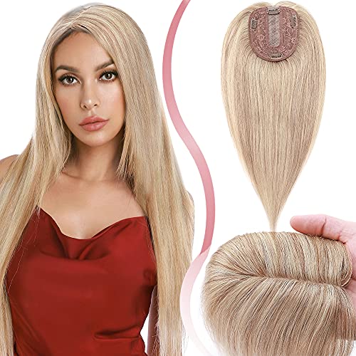 Elailite Clip in Toupet Frauen Topper Haarteil Echthaar Seide Basis 35cm 45g Clip in Extensions Haarverlängerung 130% Dichte Remy Silk Base Glatt 14" #18/613 Aschblond＆Gebleichtes Blond Cover