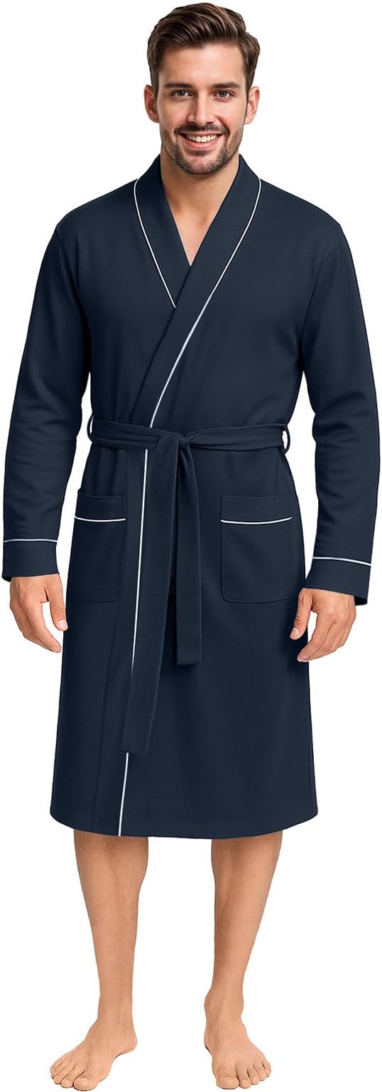 Cotton Blend Lightweight Knit Robe for Men Soft Loungewear Bathrobe
