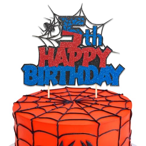 DazzJoy Spider Happy Birthday - Decoración para tarta de 5º cumpleaños para niños, decoración de cumpleaños para niños de 5 años, decoración de cumpleaños de Spidey