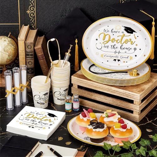 Vesici 150 Pcs Doctor Graduation Party Supplies We Have a Doctor in the House Tableware Set Paper Plate Cup Napkin 10" x 12" Large Heavy Duty Disposable Plate for Medical School Grads Celebration by Vesici - Used condition - Image 2