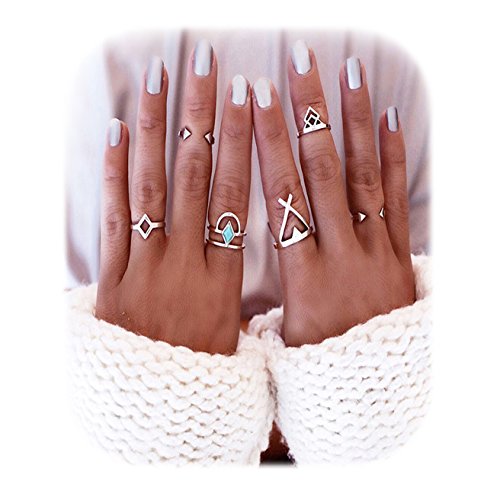 Suyi 6 Pcs Vintage Silver Geometry Arrow Turquoise Antlers Joint Knuckle Nail Midi Ring Set R2 Suyi 6 Pcs Vintage Silver Geometry Arrow Turquoise Antlers Joint Knuckle Nail Midi Ring Set R2