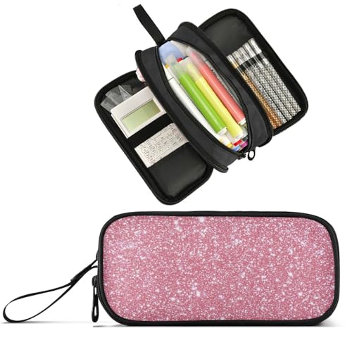 Image of Wfrish Pencil Case Big Capacity for Girl Boy Rose Pink Glitter Sparkle Student Pencil bag Pen Pouch Large Stationery 3 Compartments Zippers Organizer School College Office Teens Adults